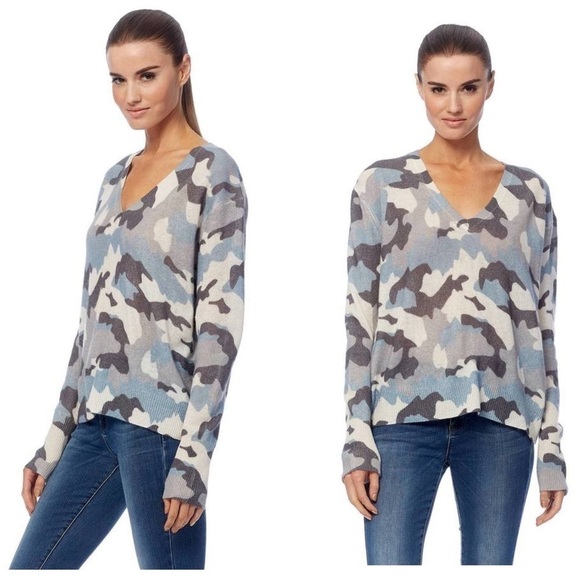 360 Cashmere Theo Deep V sweater in Blue Chalk Camo Print XS - Picture 2 of 8
